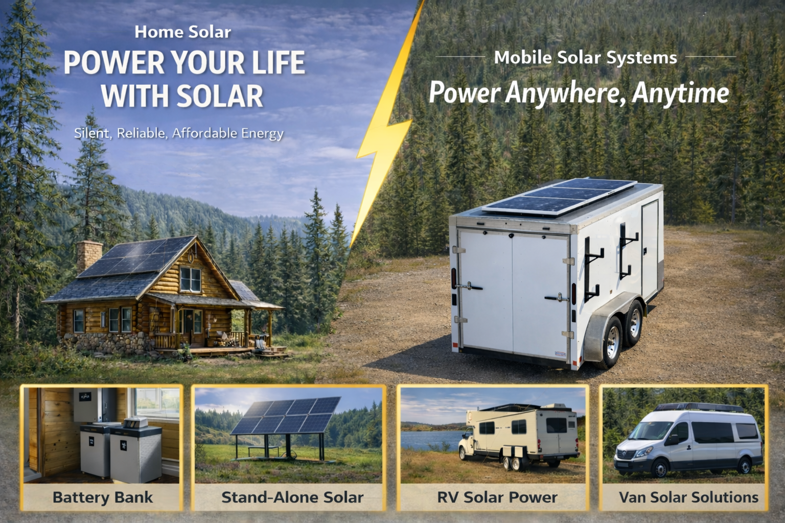 Solar Solutions - Home Solar on the left, Mobile Solar on the right